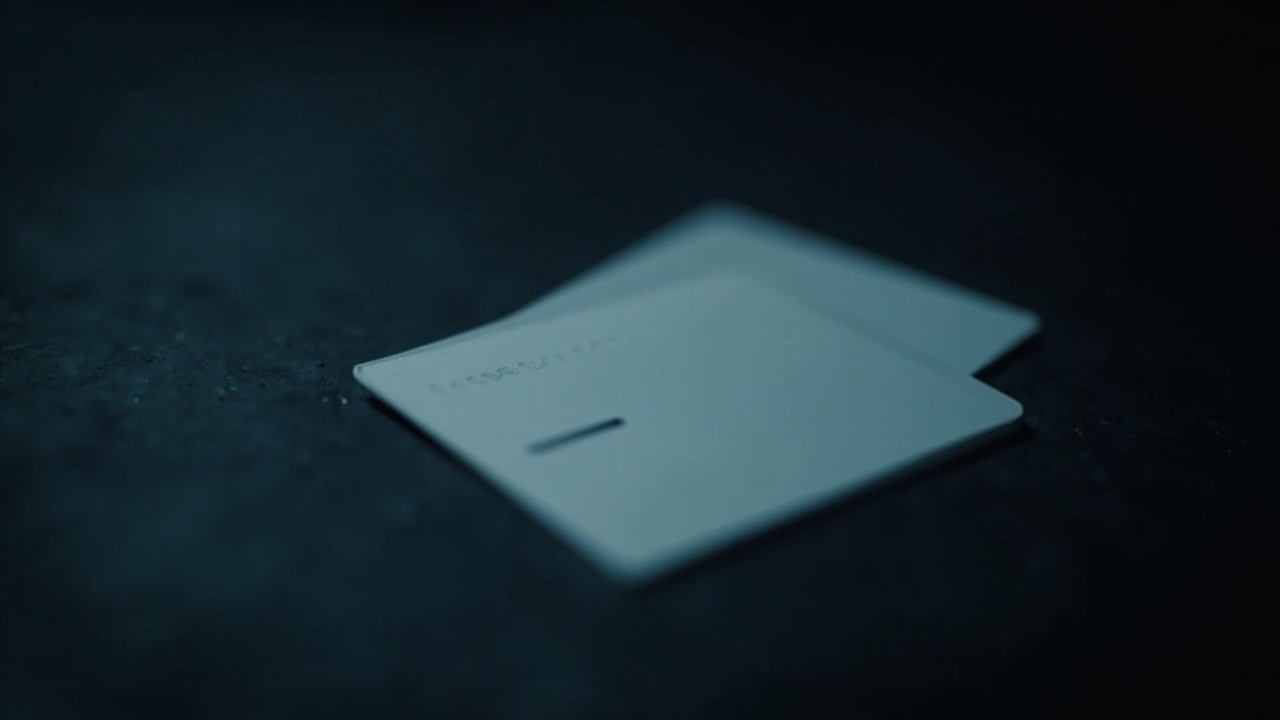 Imagen generada por IA con el prompt: A thin credit-card-sized electronic prototype with a small e-paper display, lying on a dark surface, soft minimalist tech photography, no logos, no faces, shallow depth of field.