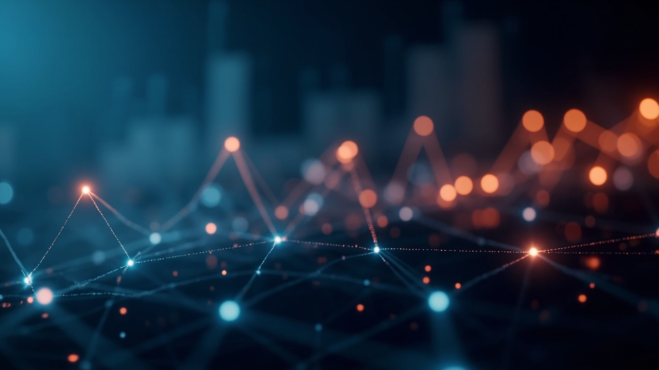 Imagen generada por IA con el prompt: Editorial illustration of a neural network diagram with glowing nodes connected by lines, a probability distribution bar chart in the background, soft gradient blue and orange tones, clean technical style.