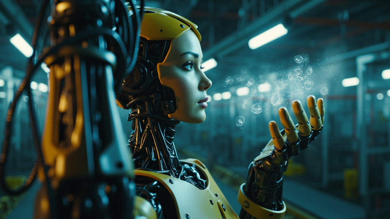 Imagen generada por IA con el prompt: Industrial robot arm in a modern factory, learning from floating natural-language text. Soft blue and amber lighting, editorial tech style, no logos or faces.
