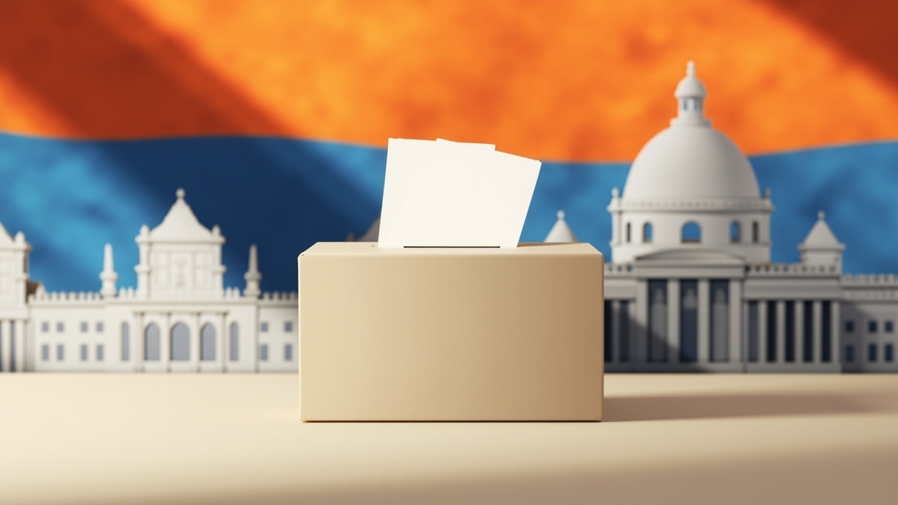 Imagen generada por IA con el prompt: Editorial illustration of a ballot box with the flag of Armenia in the background, voting papers, and a stylized silhouette of a parliament building. Neutral color palette, modern flat design.
