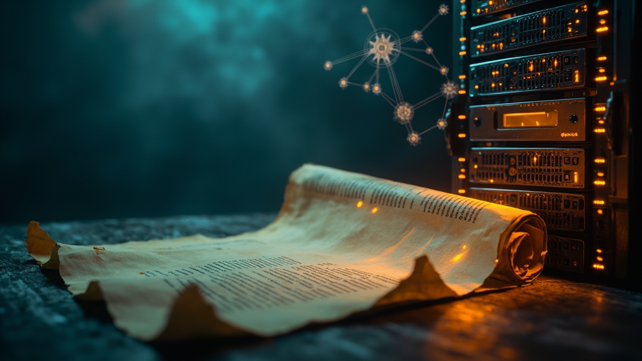 Imagen generada por IA con el prompt: Editorial illustration of a vintage scroll unfurling on a desk beside a glowing database server, gears and query plan diagrams floating above, dramatic studio lighting, muted blue and amber tones