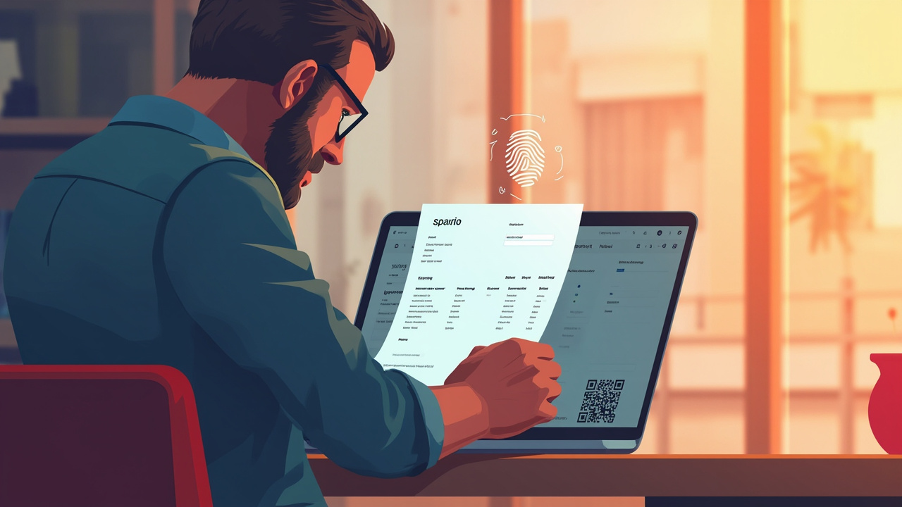 Imagen generada por IA con el prompt: Editorial illustration of a Spanish freelancer at a desk reviewing a digital invoice on a laptop, with a QR code and a digital fingerprint icon floating above the screen, soft warm light, modern flat style