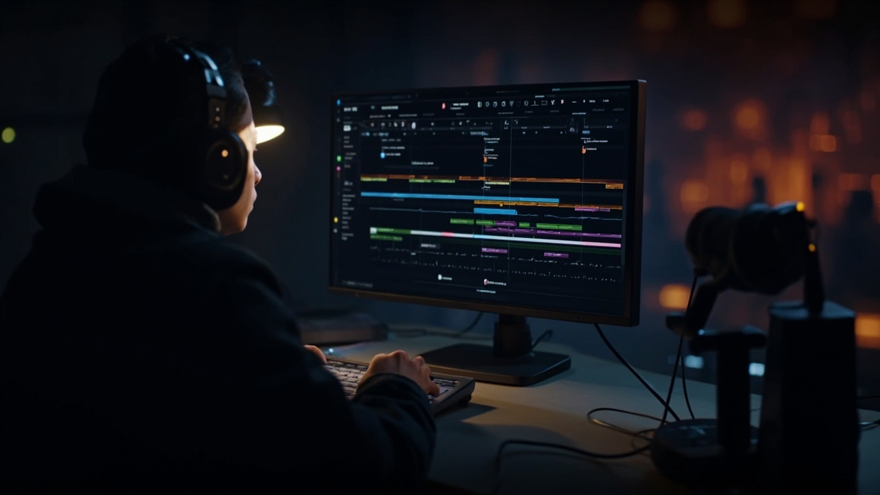 Imagen generada por IA con el prompt: Modern video editing workspace with monitor showing dark color grading interface, colorful timeline tracks and node graphs visible, cinematic mood lighting, professional post-production studio atmosphere.