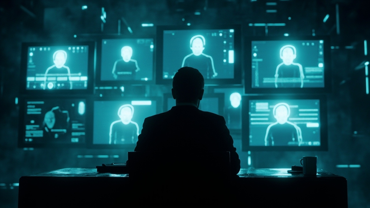 Imagen generada por IA con el prompt: Editorial illustration of a person at a desk watching multiple glowing AI agents working on translucent screens, soft dark background, futuristic but minimalist, sense of awe and unease