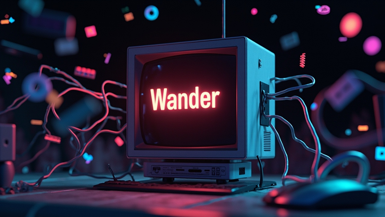 Imagen generada por IA con el prompt: Pixel-art illustration of a vintage CRT monitor displaying a glowing 'Wander' button, surrounded by floating retro website icons and colorful links weaving between them, evoking early-internet nostalgia.