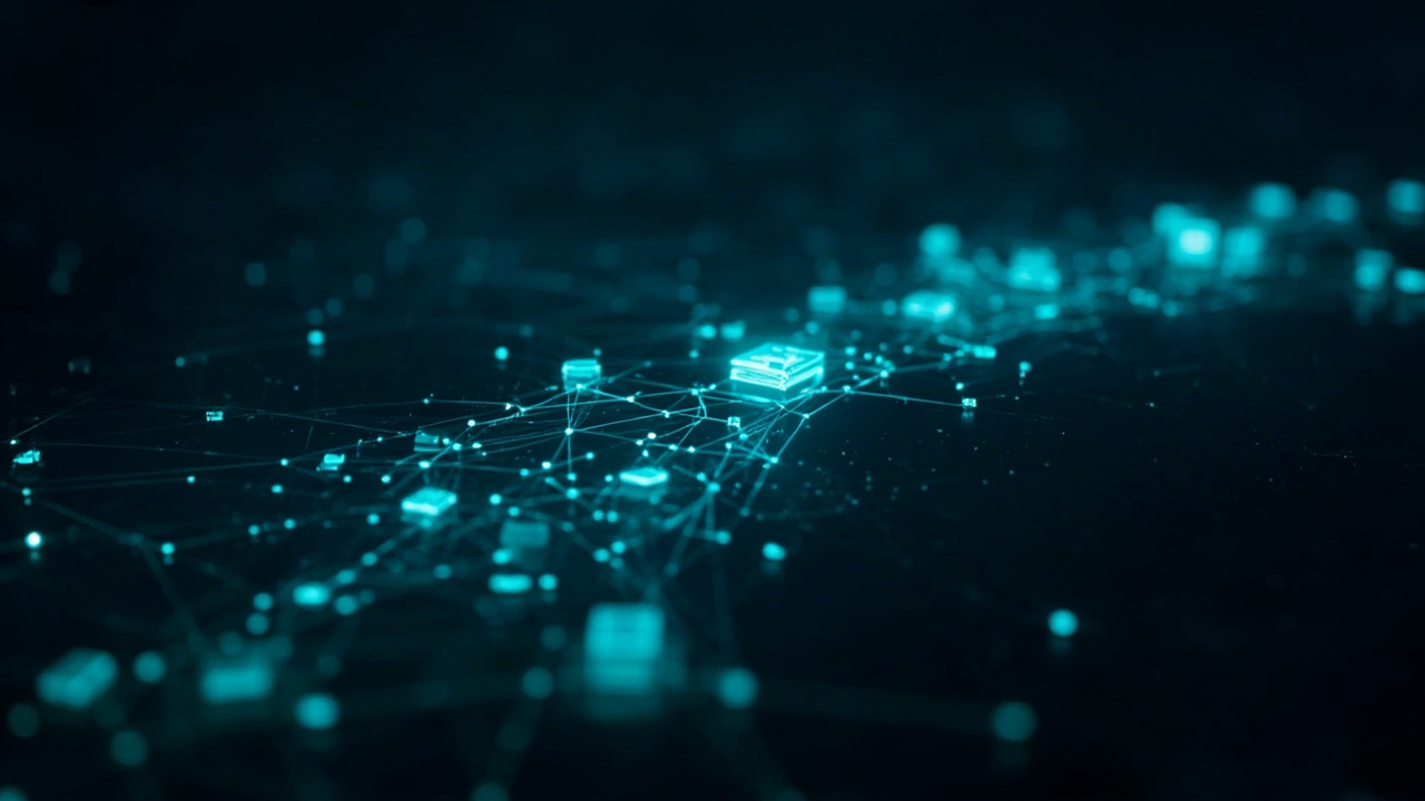 Imagen generada por IA con el prompt: Abstract digital illustration of glowing code blocks assembling into a search pipeline, with interconnected nodes representing retrieval and ranking components, dark blue and teal palette, modern AI aesthetic, no text, n