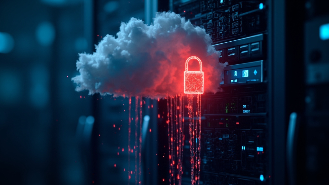 Imagen generada por IA con el prompt: Abstract digital illustration of a cloud server rack with a glowing red padlock, data streams leaking out, dark blue background, cybersecurity concept, no text, no logos