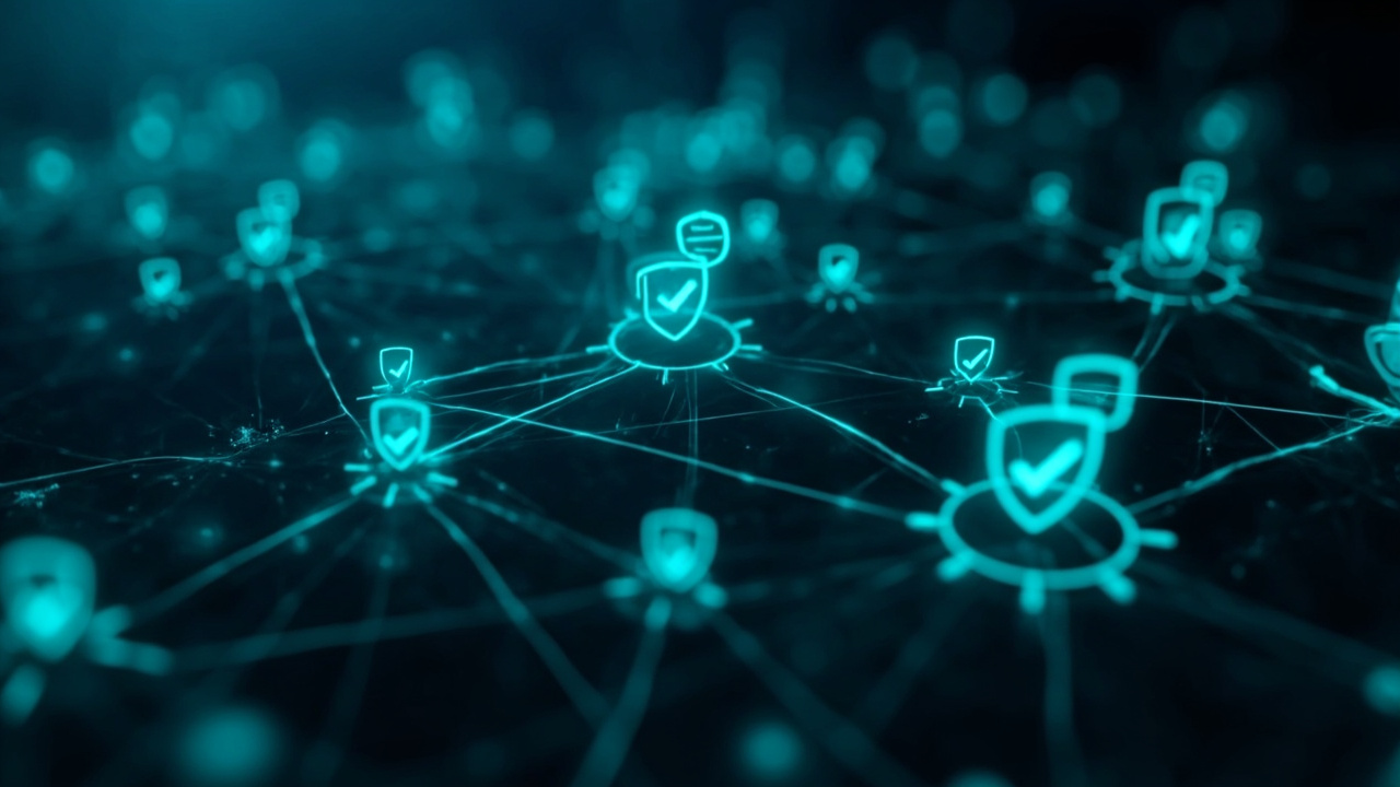 Imagen generada por IA con el prompt: abstract digital illustration of AI agent network nodes with glowing policy checkmarks and shield icons, dark blue and teal palette, futuristic governance concept