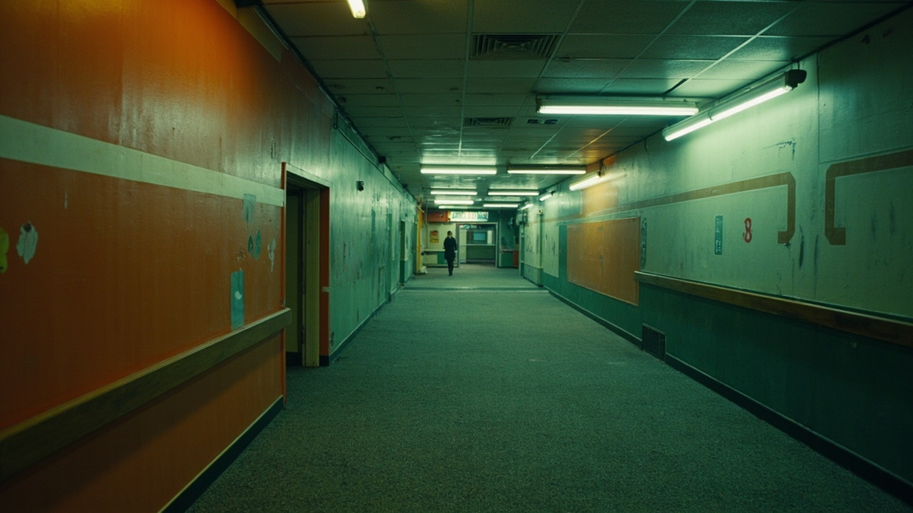 Imagen generada por IA con el prompt: An empty abandoned shopping mall corridor with gray carpet, faded 1970s orange and green paint on walls, eerie fluorescent lighting, no people, melancholic nostalgic atmosphere, editorial photography