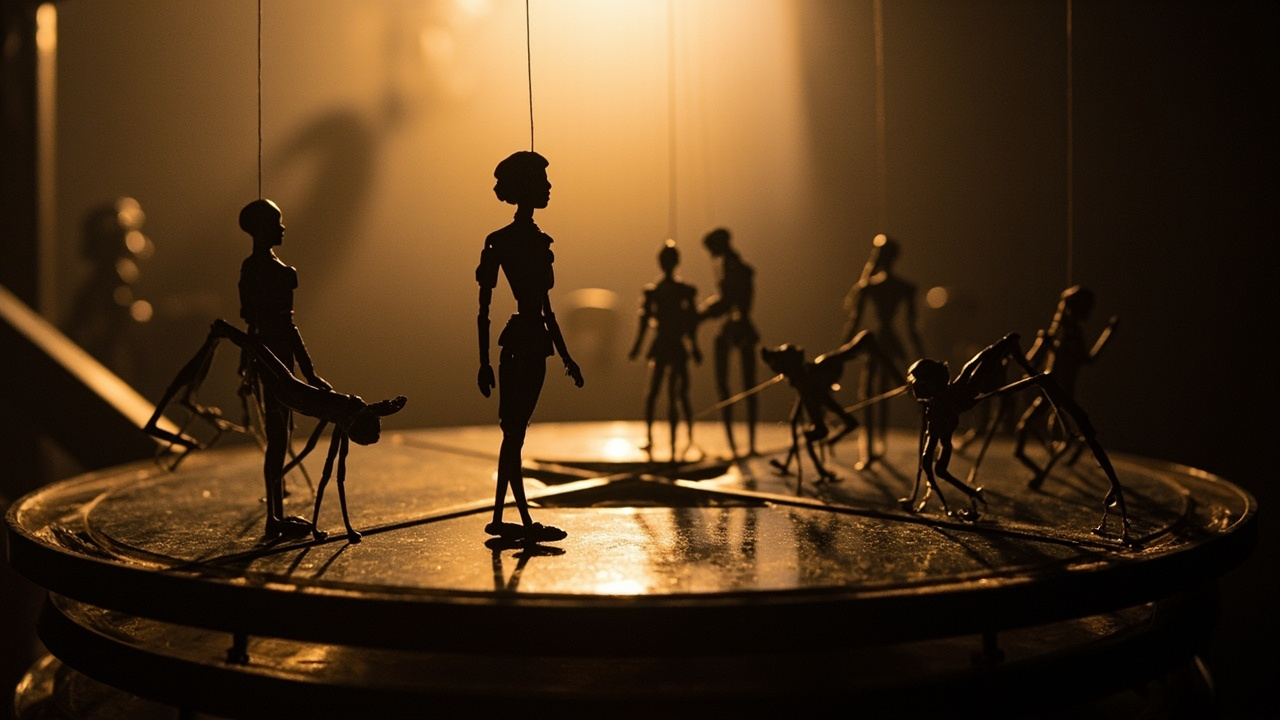 Imagen generada por IA con el prompt: Editorial illustration of intricate black silhouette puppets with delicate wire joints arranged on stacked glass plates of a primitive multiplane camera, soft backlight, 1920s Berlin film studio atmosphere, warm sepia to
