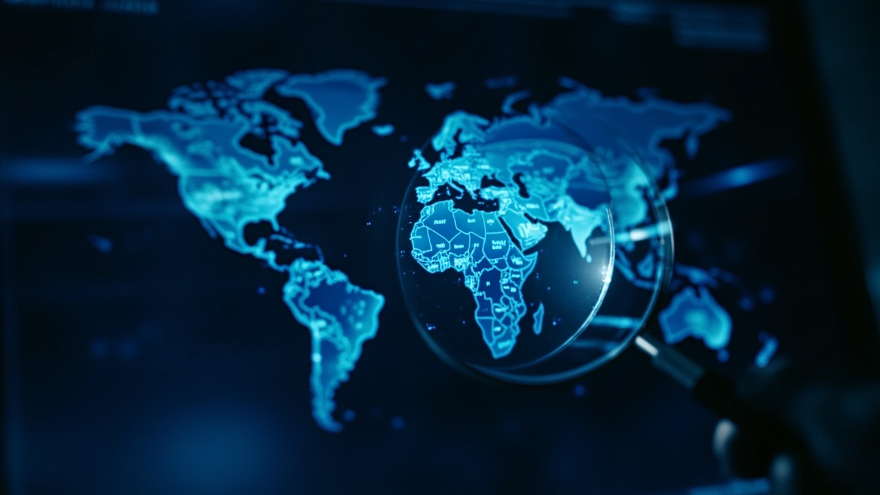 Imagen generada por IA con el prompt: A stylized world map glowing in blue neon on a dark screen, with a magnifying glass hovering over a highlighted region, cyber-tech aesthetic, soft glow, minimalistic dashboard look