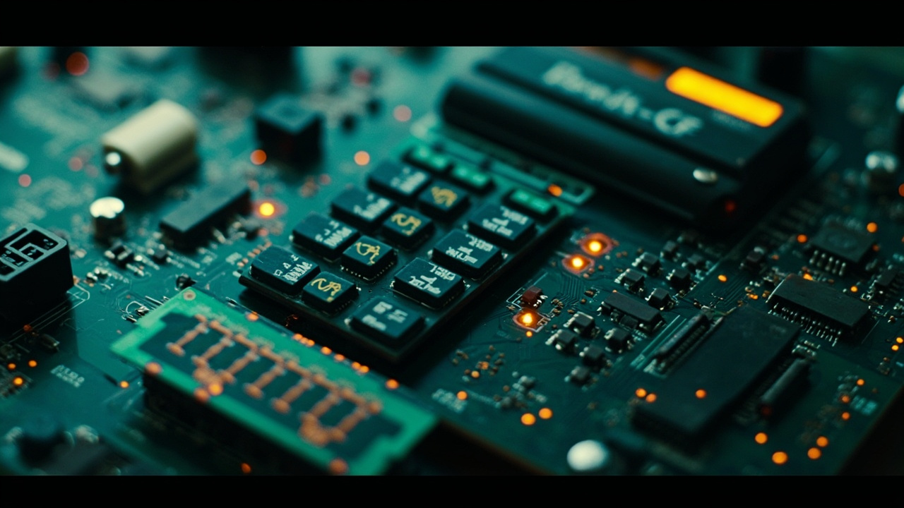 Imagen generada por IA con el prompt: Editorial flat illustration of a vintage graphing calculator circuit board with chips and traces, teal and amber accents, technical schematic mood, no text, no recognizable faces.