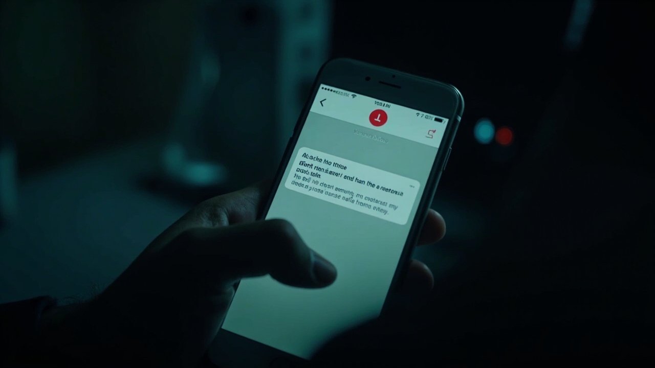 Imagen generada por IA con el prompt: Mobile phone showing a suspicious SMS about a bank transaction, red alert warning icon, dark moody background, editorial cyber fraud illustration style
