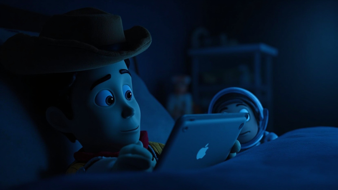 Imagen generada por IA con el prompt: Animated children's bedroom at night, blue glow of a tablet illuminating a stuffed cowboy and spaceman toy watching from a shelf, cinematic Pixar-style 3D animation, soft moody lighting