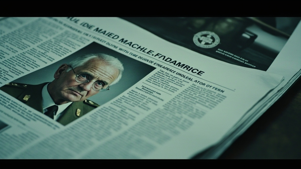 Imagen generada por IA con el prompt: Editorial illustration: A newspaper page with a retired general's photo, next to a faint corporate logo of a defence contractor, symbolizing undisclosed ties. Minimalist, journalistic style, muted colors.
