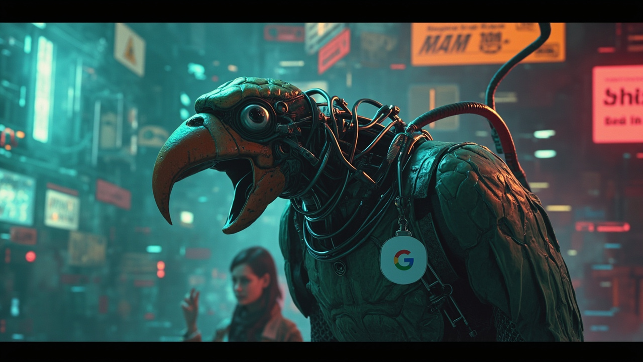 Imagen generada por IA con el prompt: Editorial illustration of a large mechanical parrot wearing a Google badge, surrounded by digital data streams and warning signs, with a faint silhouette of a researcher in the background, no real faces, abstract and cle