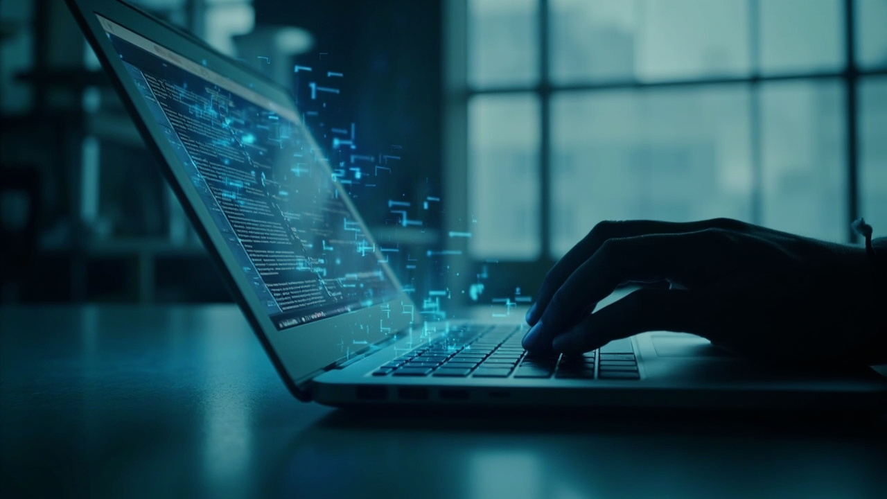 Imagen generada por IA con el prompt: Editorial illustration of a corporate laptop emitting stylized data streams, a silhouetted hand hovering over the keyboard, muted office background, cool blue and grey tones, flat digital art style.