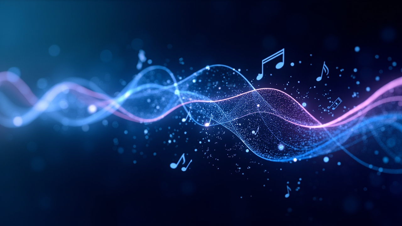 Imagen generada por IA con el prompt: Abstract sound waves merging with neural network nodes, musical notes flowing through digital circuits, blue and purple gradient, modern editorial style, no text or faces