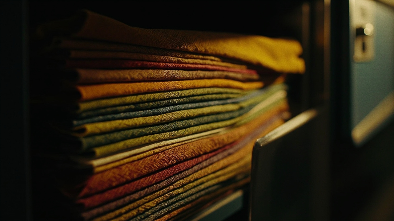 Imagen generada por IA con el prompt: Vintage London Underground moquette fabric samples neatly stacked inside a metal storage cupboard, warm multicoloured palette, editorial still life photography, soft natural daylight
