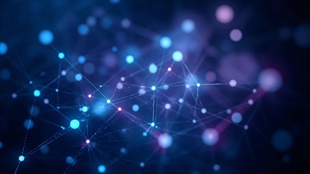 Imagen generada por IA con el prompt: Abstract digital network with glowing interconnected nodes forming a Merkle tree structure, quantum particles floating in the background, cool blue and purple tones, editorial illustration style