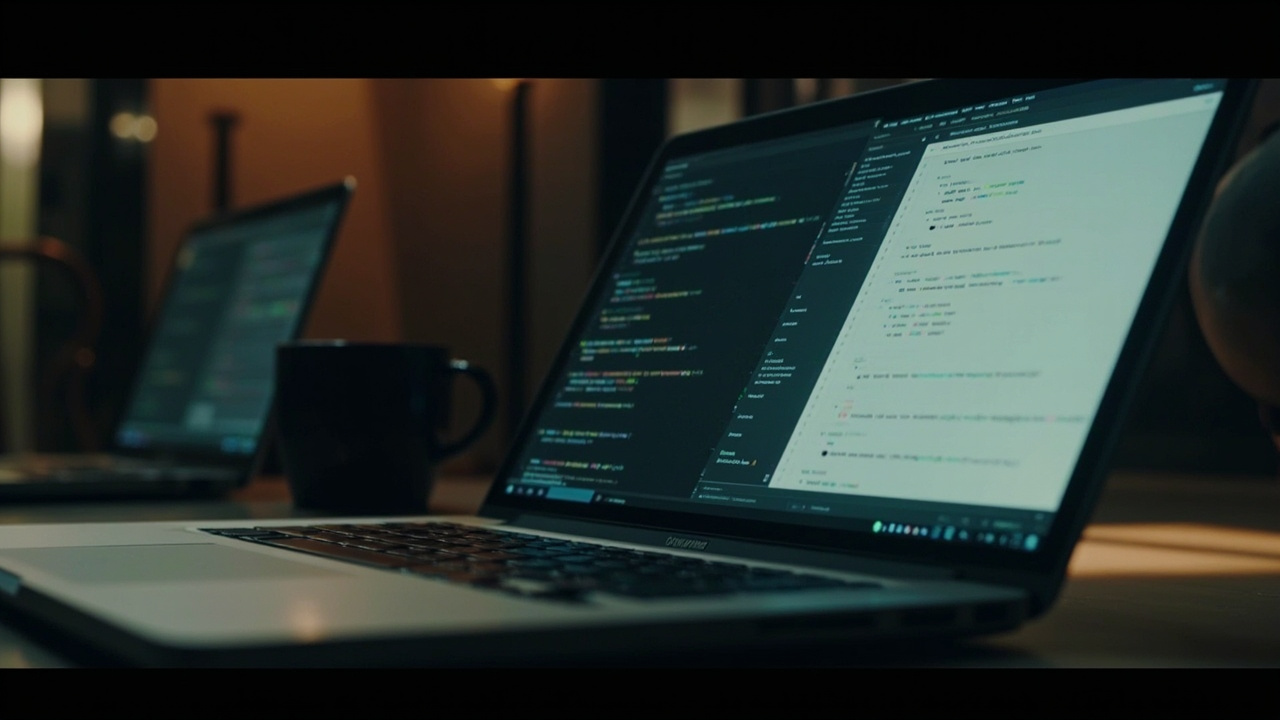 Imagen generada por IA con el prompt: Close-up of a laptop screen showing code on one side and a polished technical documentation page on the other, warm soft desk lighting, editorial photo style
