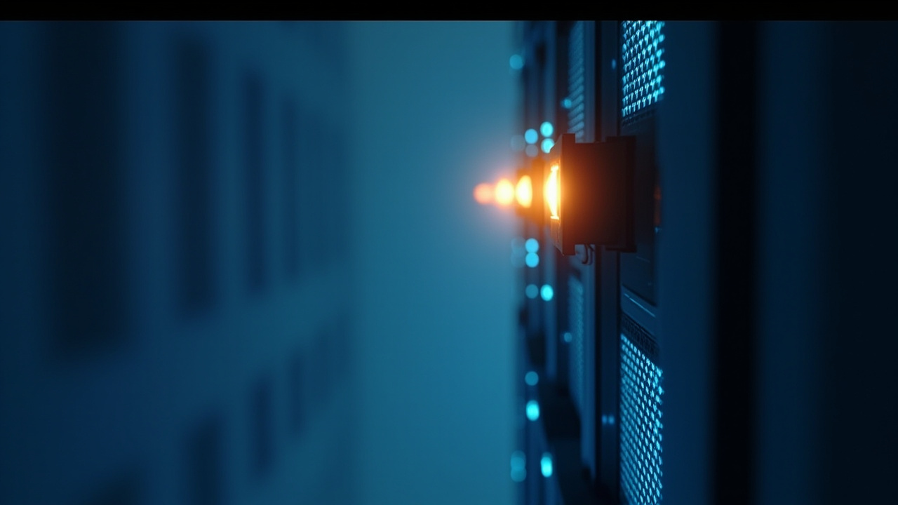 Imagen generada por IA con el prompt: Minimalist editorial illustration of a server rack with a glowing warning light, soft blue and amber tones, clean digital art style, no text or logos