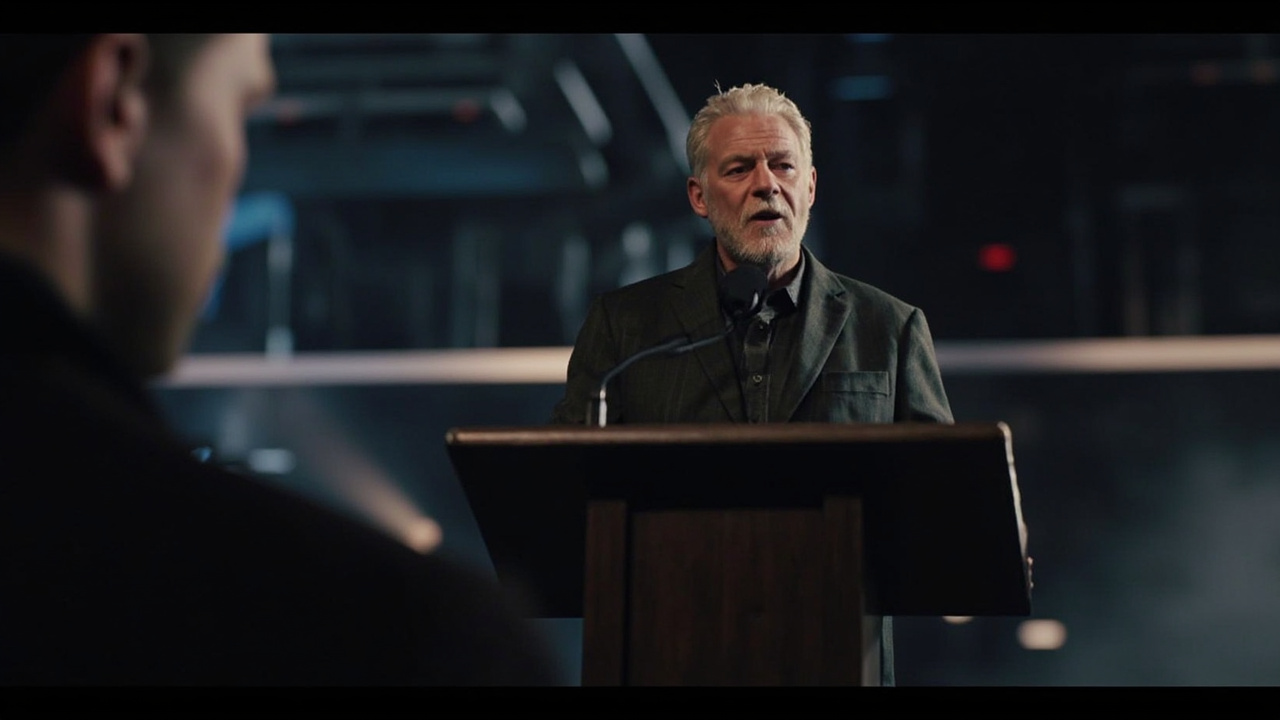 Imagen generada por IA con el prompt: A man at a podium delivering a speech at an awards ceremony, with a subtle Star Wars-inspired backdrop, dramatic lighting, no identifiable faces or logos.