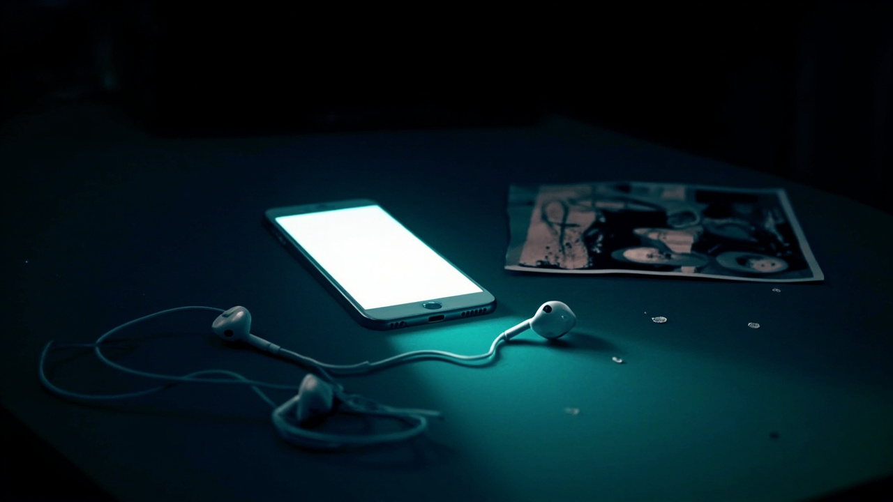 Imagen generada por IA con el prompt: Editorial illustration of a smartphone glowing on a dark desk, casting light over a pair of tangled earphones and a faded family photo, symbolizing digital distraction from real life