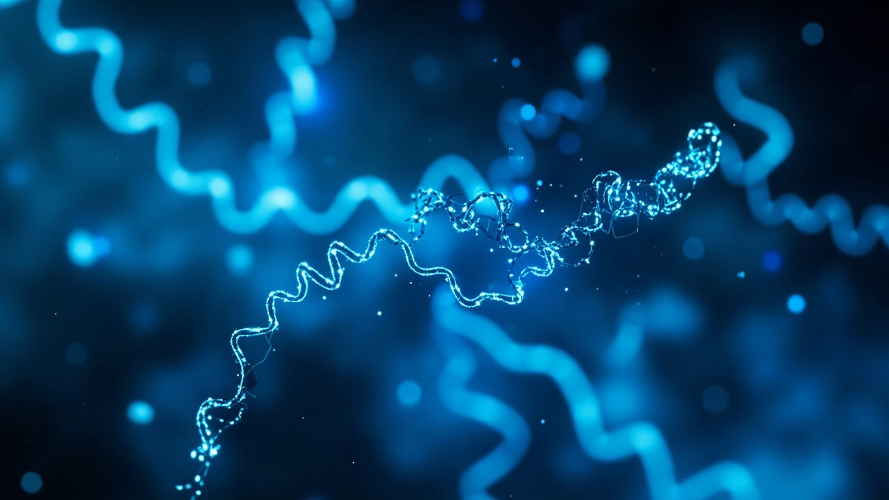 Imagen generada por IA con el prompt: Abstract 3D visualization of glowing protein ribbons and molecular helices floating in deep blue space, futuristic scientific atmosphere, soft bioluminescent lighting, editorial digital art, no text