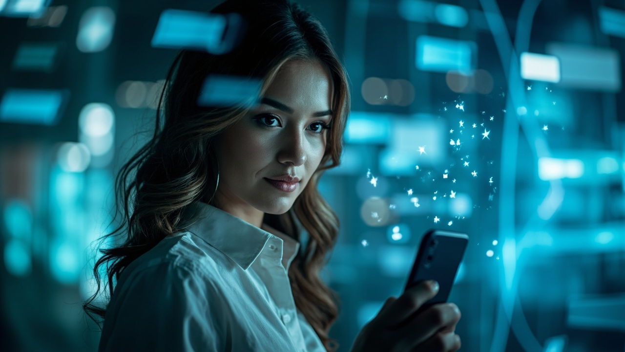 Imagen generada por IA con el prompt: Confident woman in a modern tech office, smartphone in hand, soft blue light, holographic chat bubbles and abstract AI circuit motifs floating in the background, editorial portrait style