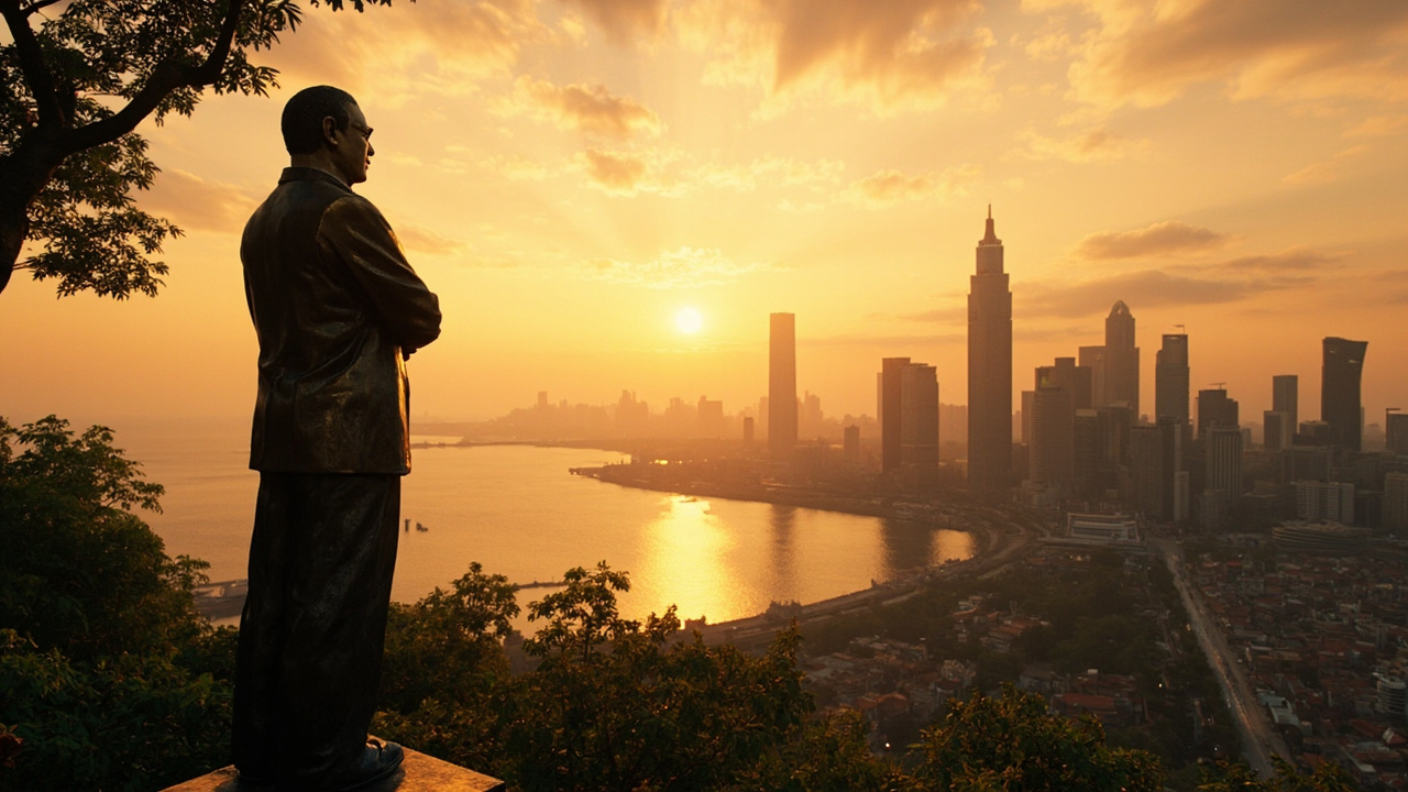 Imagen generada por IA con el prompt: Bronze statue silhouette of a statesman with folded arms overlooking a gleaming modern Asian metropolis with skyscrapers and harbor at dawn, tropical greenery, golden light, editorial illustration style