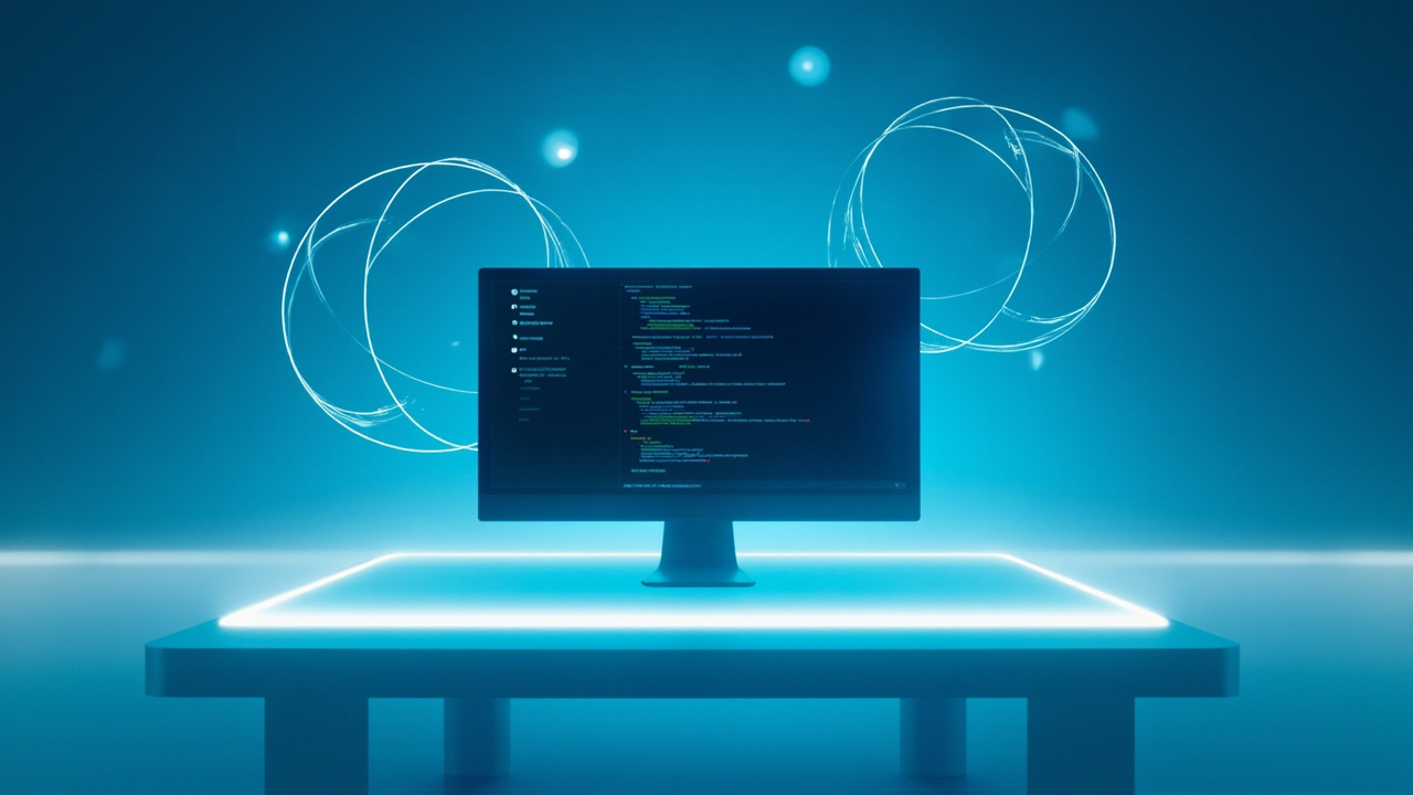 Imagen generada por IA con el prompt: Minimalist editorial illustration: a single glowing monitor on a clean desk showing code and a chat interface, abstract translucent AI agent icons orbiting the screen, soft blue and white light, no people, calm futuristi