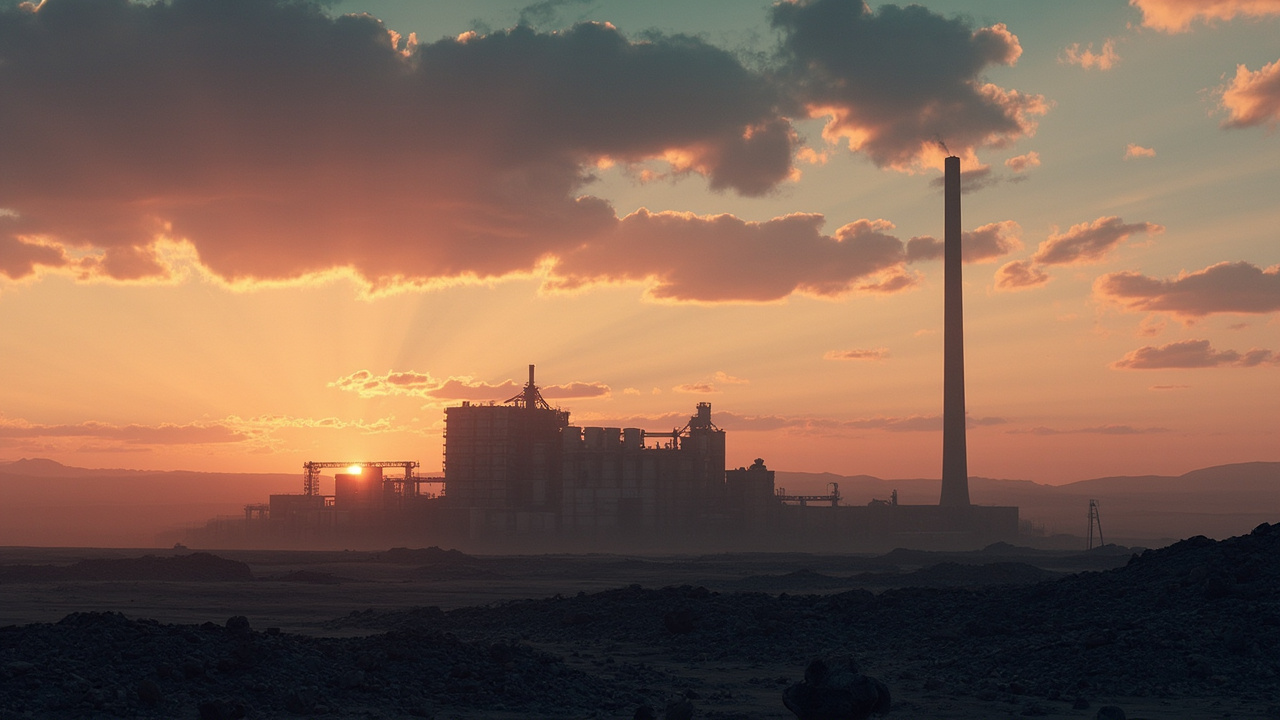 Imagen generada por IA con el prompt: Editorial illustration of a solitary industrial chemical plant in a desert landscape at dusk, single smokestack, surrounded by stacked containers of white powder, conveying supply-chain fragility and strategic vulnerabil