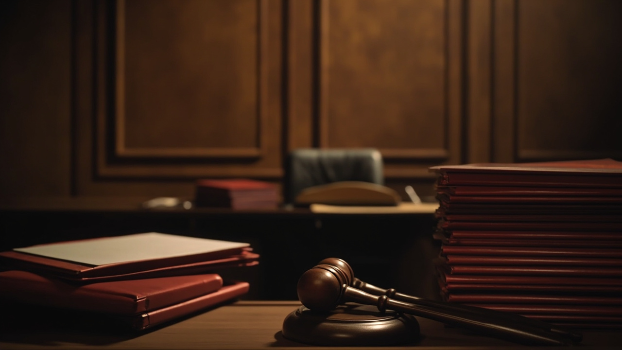 Imagen generada por IA con el prompt: Editorial illustration of a Spanish courtroom with wooden panels, gavels on a judge's bench, stacks of red legal folders and documents, neutral muted tones, no faces, no logos.