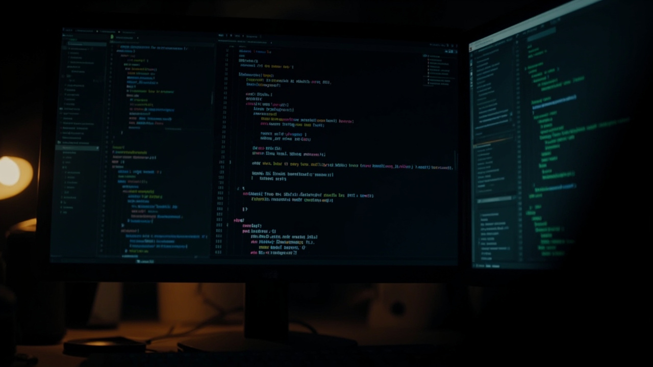 Imagen generada por IA con el prompt: Editor view showing Haskell code on a monitor with JVM bytecode assembly on a second screen, warm desk lamp, dark background, clean technical aesthetic