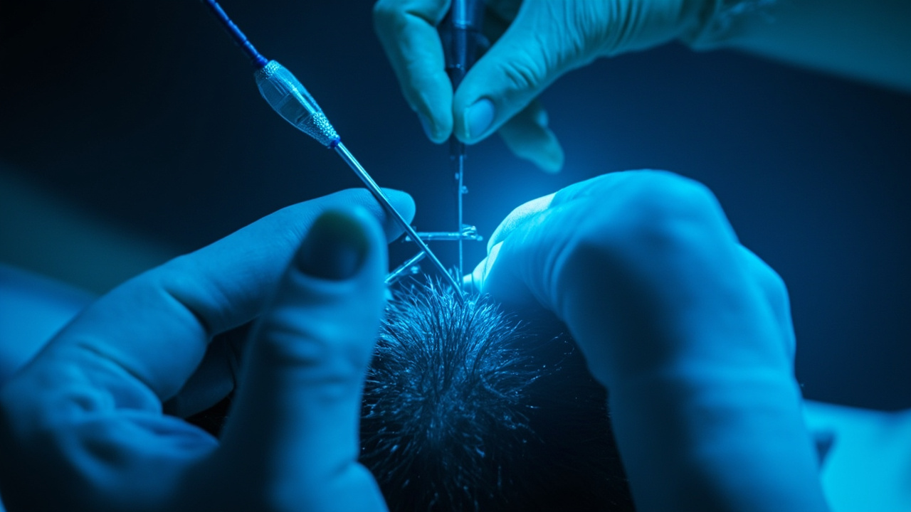 Imagen generada por IA con el prompt: Editorial illustration of modern hair transplant microsurgery, blue clinical lighting, sapphire blade and precision tools near scalp follicles, abstract medical aesthetic, no visible faces