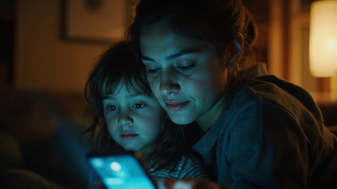 Imagen generada por IA con el prompt: Editorial illustration of a mother holding a smartphone glowing with a soft blue AI chat interface, a small child beside her, warm domestic living room, stylized, no faces or logos