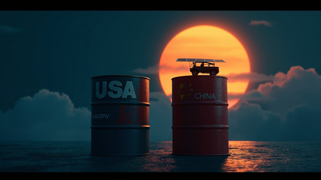 Imagen generada por IA con el prompt: Editorial illustration: two oil barrels side by side, one nearly empty labeled USA with a drained reserve gauge, one labeled China with a glowing solar panel and EV silhouette, dark blue and amber palette, financial char