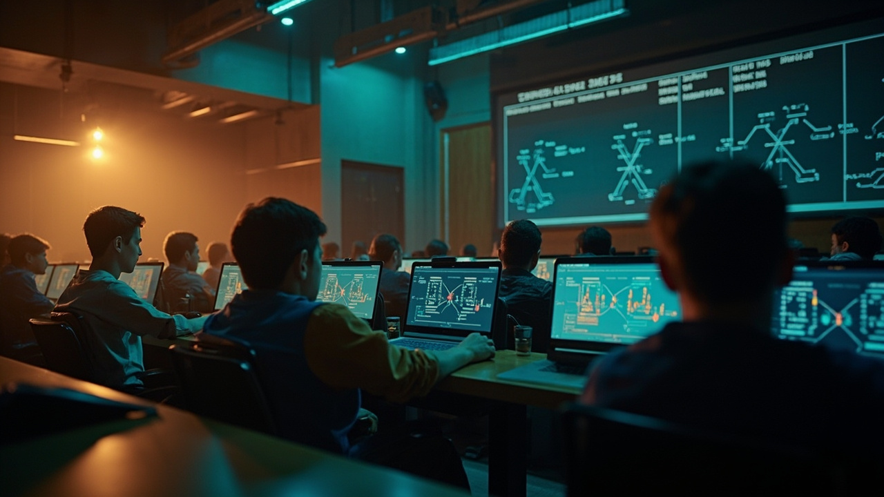 Imagen generada por IA con el prompt: Editorial illustration of a modern university lecture hall with rows of students working on laptops displaying neural network diagrams, warm lighting, chalkboard with transformer equations, academic atmosphere