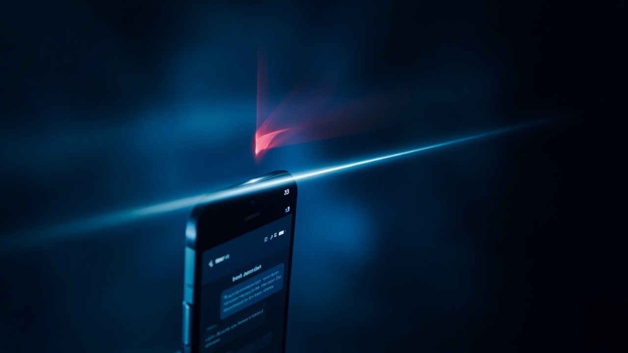Imagen generada por IA con el prompt: Editorial illustration of a banking app interface on a smartphone showing a chat with an AI assistant, with a subtle red injection arrow entering from a transaction line above, dark blue tech background