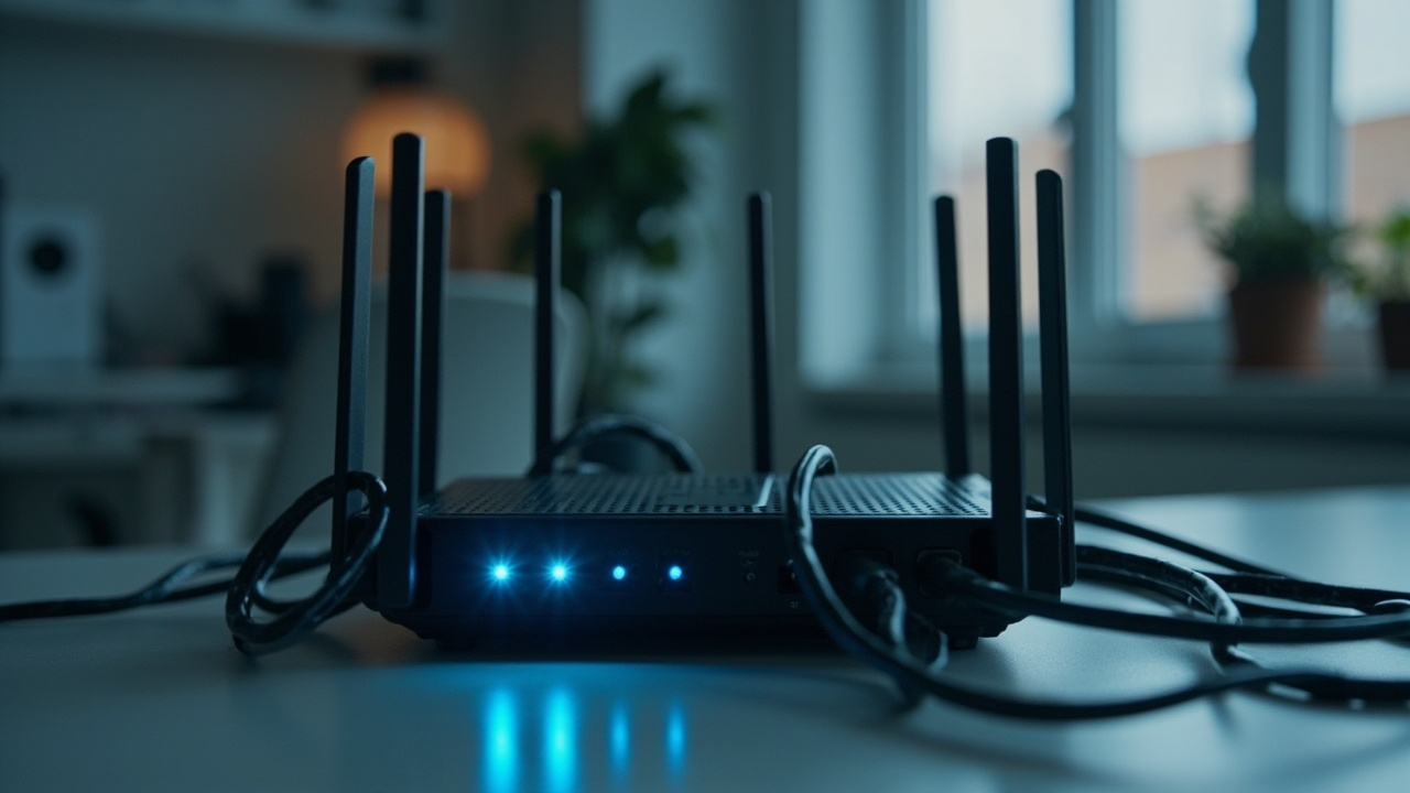 Imagen generada por IA con el prompt: A home router with glowing blue status lights and tangled Ethernet cables on a minimalist desk, soft natural daylight, editorial tech illustration