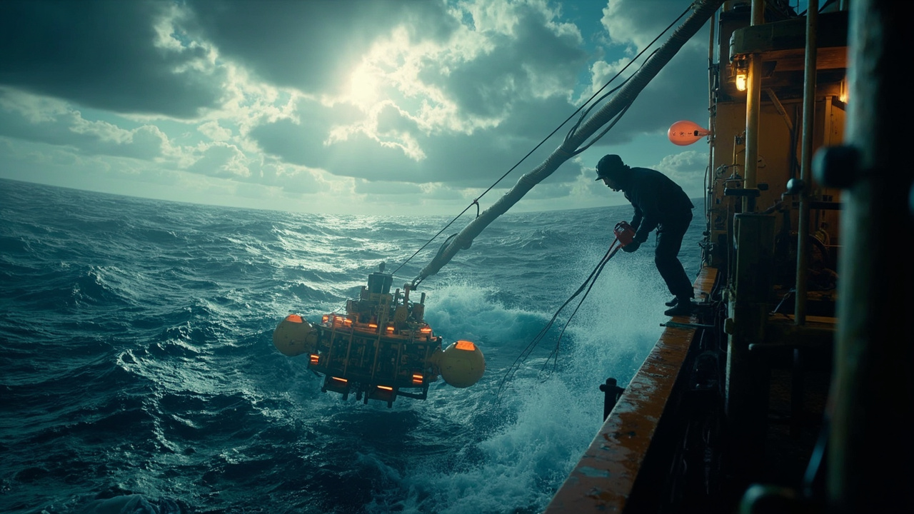 Imagen generada por IA con el prompt: Underwater sensors and cables being pulled onto a research vessel over stormy sea, dramatic clouds, focused crew removing equipment, industrial and scientific aesthetic, no faces, no text.