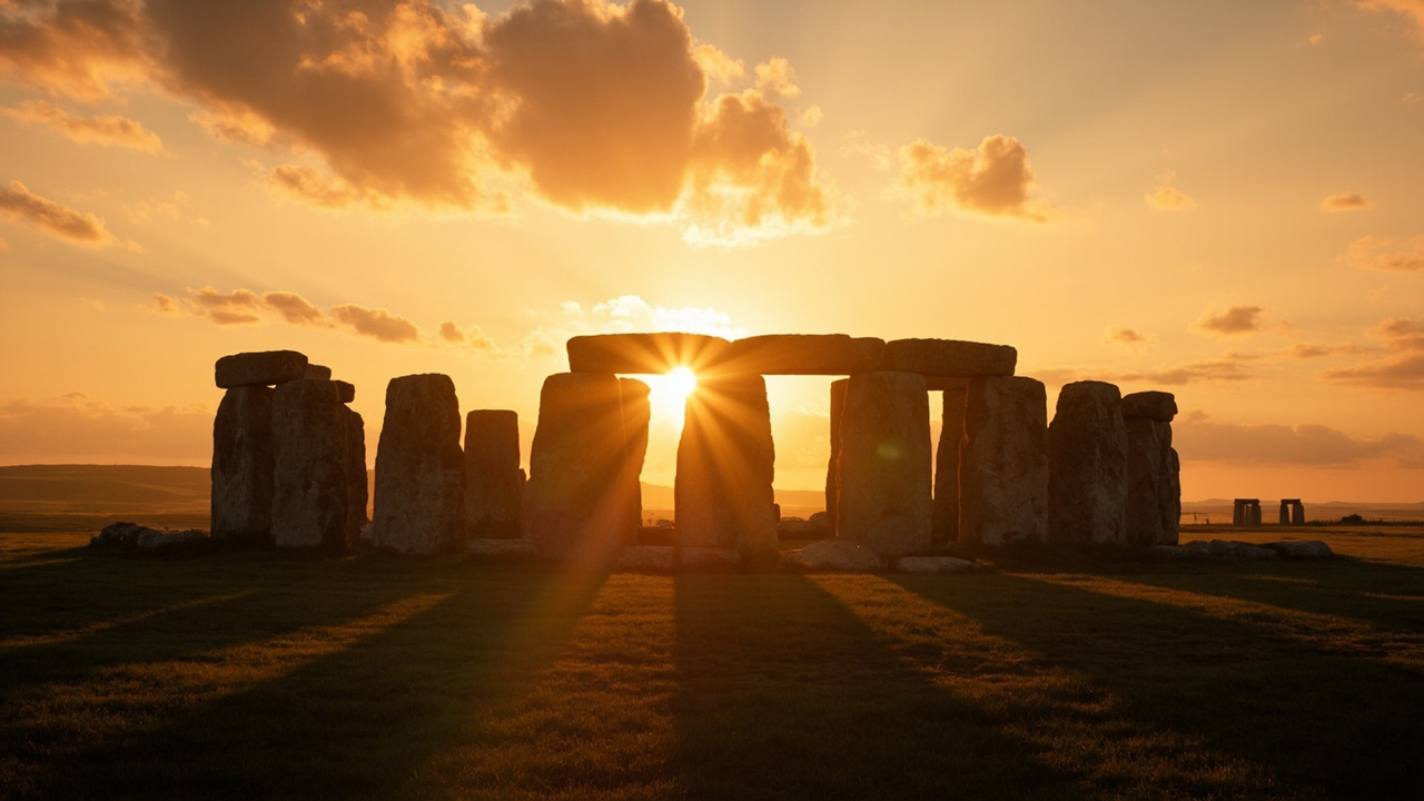 Imagen generada por IA con el prompt: Editorial illustration of the iconic standing stone circle of Stonehenge at golden hour, with rolling Wiltshire hills in the background, a subtle leadership motif in the foreground suggesting stewardship.