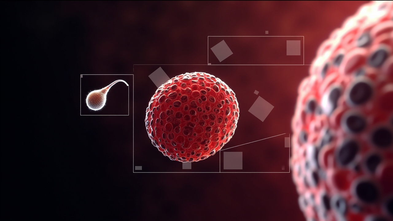 Imagen generada por IA con el prompt: Editorial illustration of varied human cells: a tiny sperm, a biconcave red blood cell, and a large oocyte, with abstract geometric overlays showing cubes and squares representing surface-to-volume scaling.