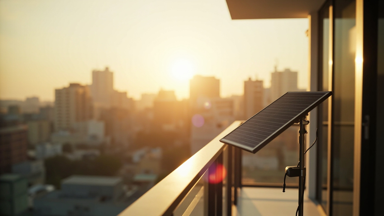 Imagen generada por IA con el prompt: Modern apartment balcony with a small plug-in solar panel angled towards the sun, city skyline background, bright natural light, photorealistic style, no people or text.