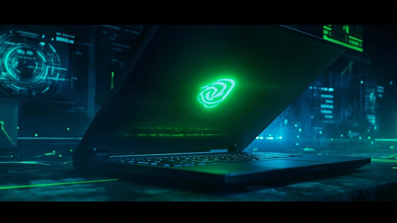 Imagen generada por IA con el prompt: A sleek thin laptop with glowing NVIDIA RTX Spark logo on the lid, surrounded by abstract AI and gaming graphics, dark tech background, blue and green neon accents, no text or recognizable faces.