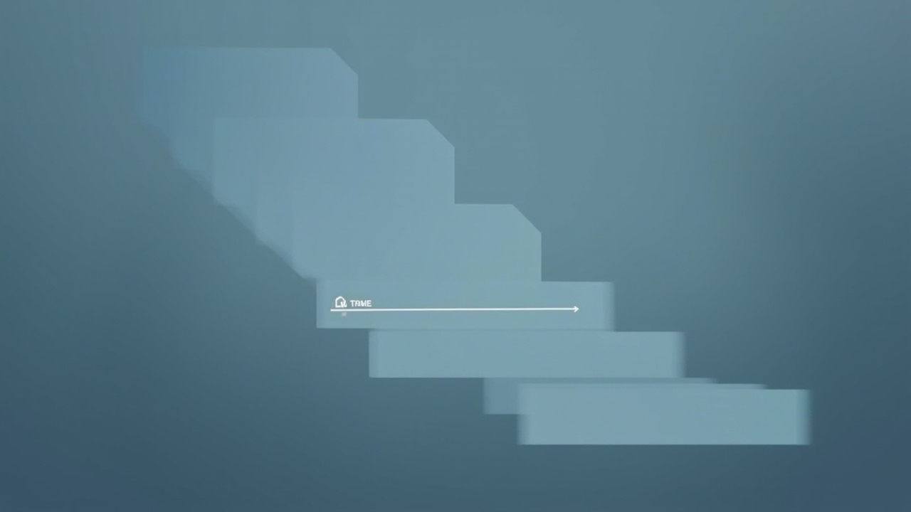 Imagen generada por IA con el prompt: Editorial illustration of layered translucent rectangles representing a Qt Quick rendering pipeline, with horizontal timeline arrows indicating frame delay intervals, muted blue and grey palette, minimalist, no logos or 