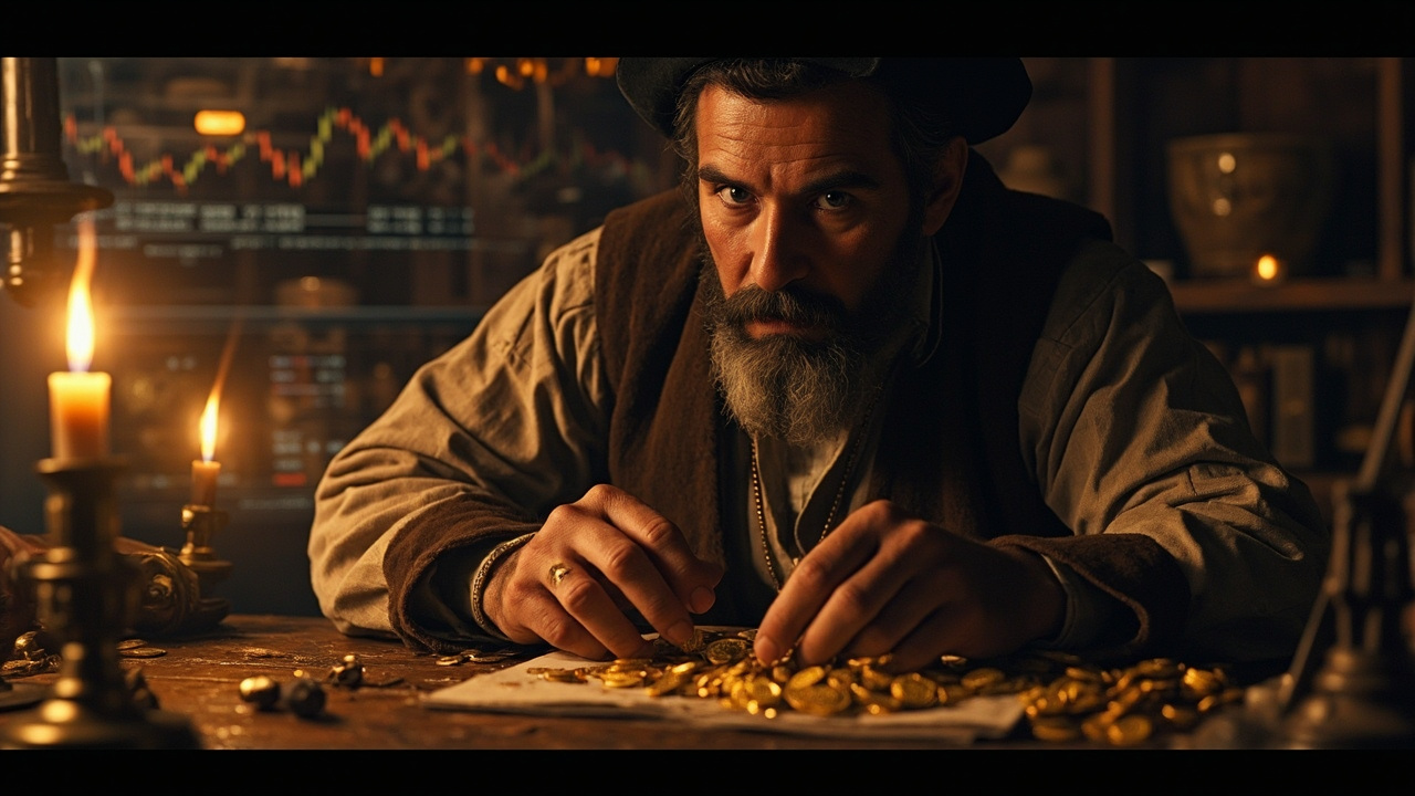 Imagen generada por IA con el prompt: Editorial illustration of a 1600s Spanish merchant counting gold coins on his fingers at a wooden trading desk, with holographic Bitcoin symbols and stock tickers floating above, warm candlelight