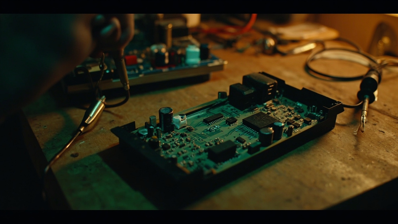 Imagen generada por IA con el prompt: Open retro handheld console circuit board on a workbench, capacitors and voltage regulator visible, soldering iron nearby, warm workshop lighting, electronics repair scene