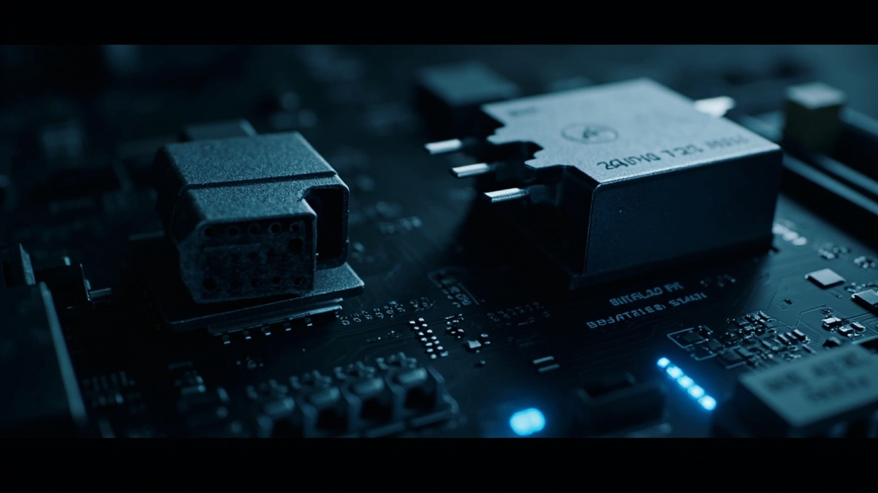 Imagen generada por IA con el prompt: Editorial illustration of a compact 8-pin motherboard power connector beside a bulky traditional 24-pin ATX plug on a dark PCB with subtle blue LED glow, technical rendering style